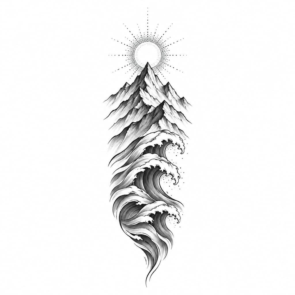 Fine-line blackwork mountain range morphing into stylized ocean waves, dotwork sun, minimal negative space, wrist/forearm, high contrast