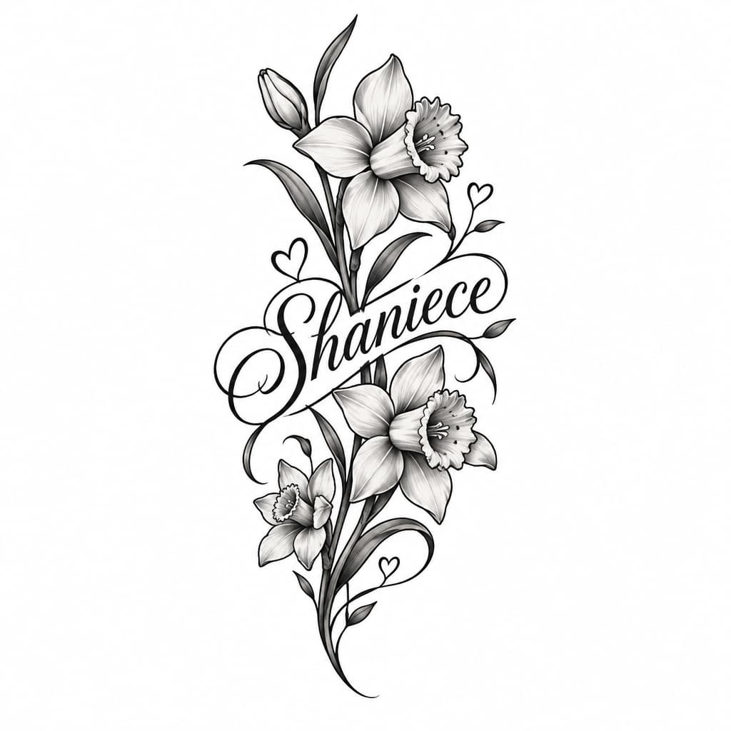 Shaniece in elegant cursive entwined with daffodils and small hearts; fine-line single-needle black script with yellow watercolor accents, wrist tattoo