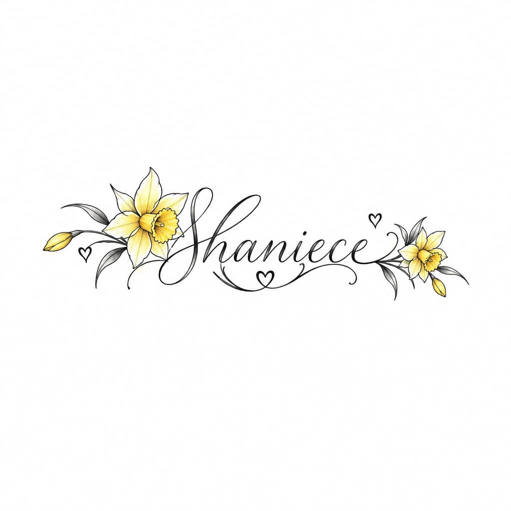 Shaniece in elegant cursive entwined with daffodils and small hearts; fine-line single-needle black script with yellow watercolor accents, wrist tattoo