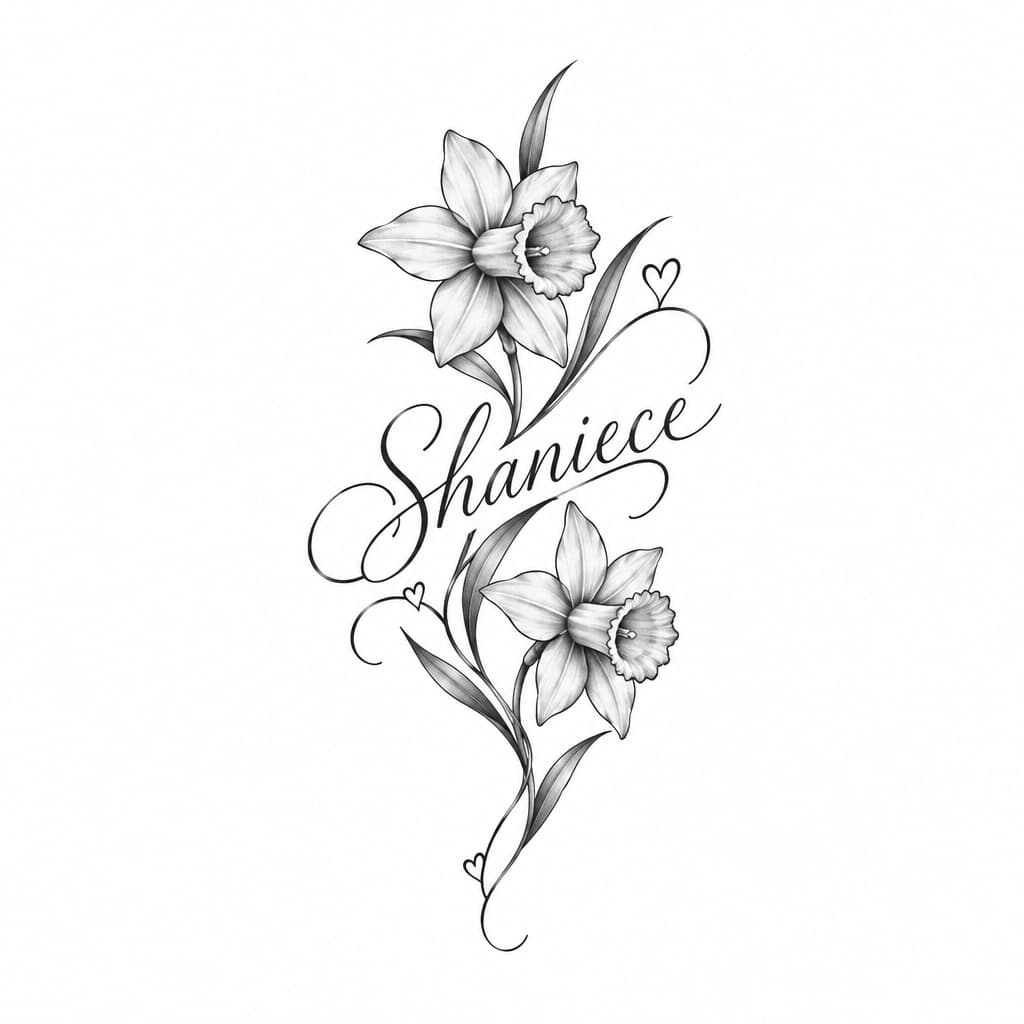 Shaniece in elegant cursive entwined with daffodils and small hearts; fine-line single-needle black script with yellow watercolor accents, wrist tattoo