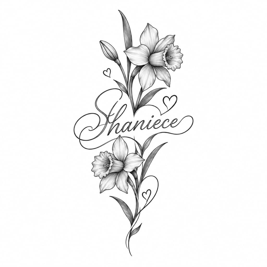 Shaniece in elegant cursive entwined with daffodils and small hearts; fine-line single-needle black script with yellow watercolor accents, arm tattoo