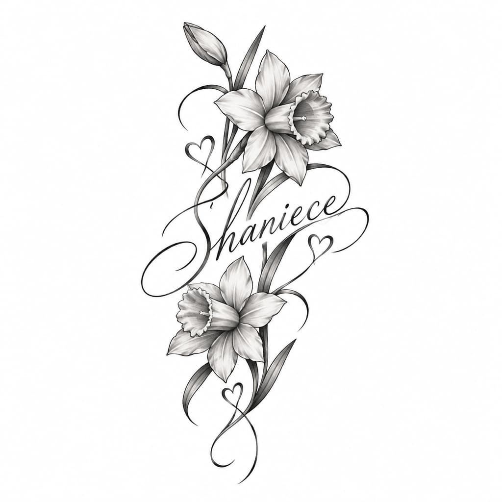 Shaniece in elegant cursive entwined with daffodils and small hearts; fine-line single-needle black script with yellow watercolor accents, arm tattoo