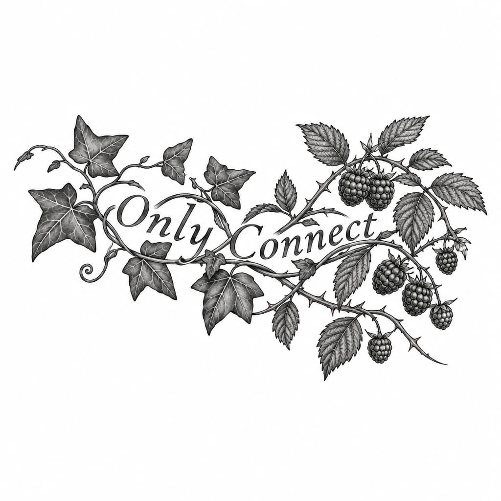 A fine line bicep tattoo of English ivy and raspberry brambles with the words "Only Connect" woven through the vines/brambles in a natural way