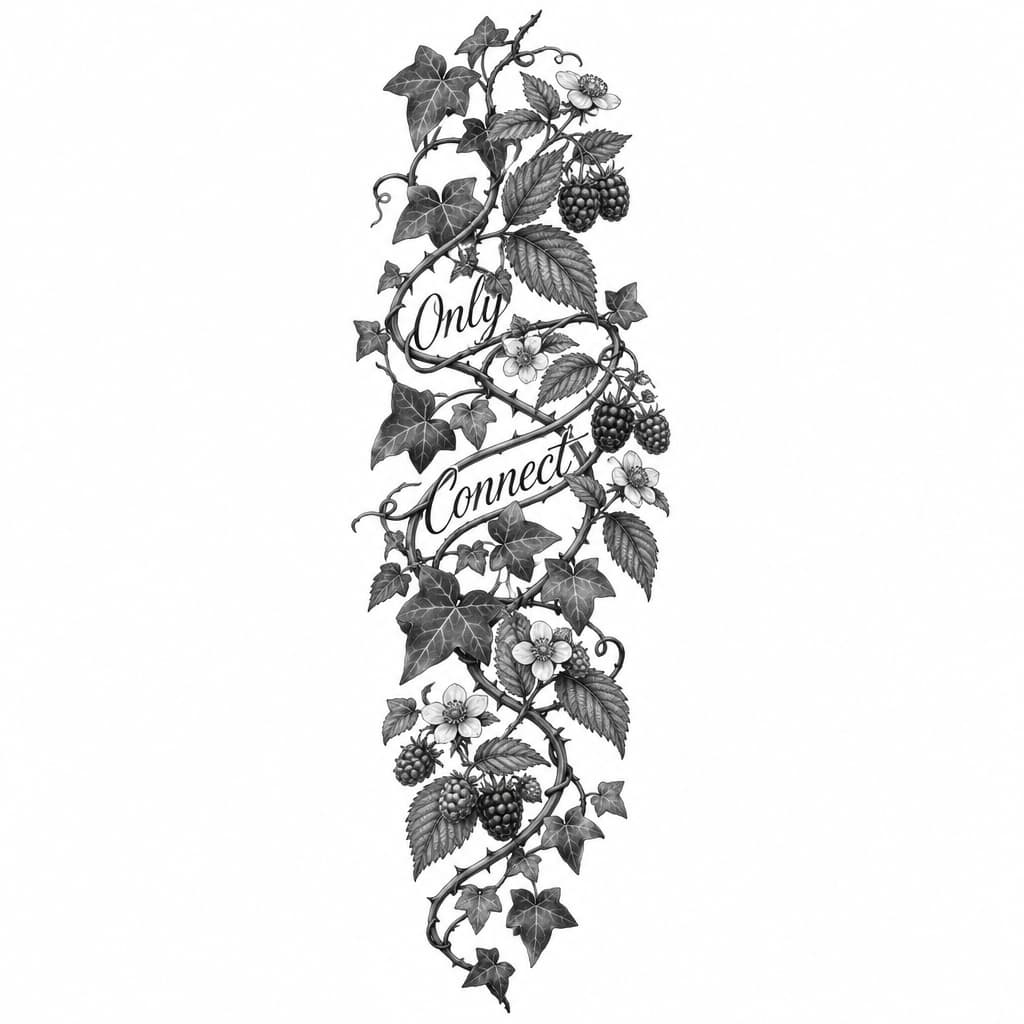 A fine line bicep tattoo of English ivy and raspberry brambles with the words "Only Connect" woven through the vines/brambles in a natural way. I'd like it to be more vertical (from shoulder area to elbow) and wrapping around the arm with more integration of the vines and brambles and flowers and fruit on the raspberry vines