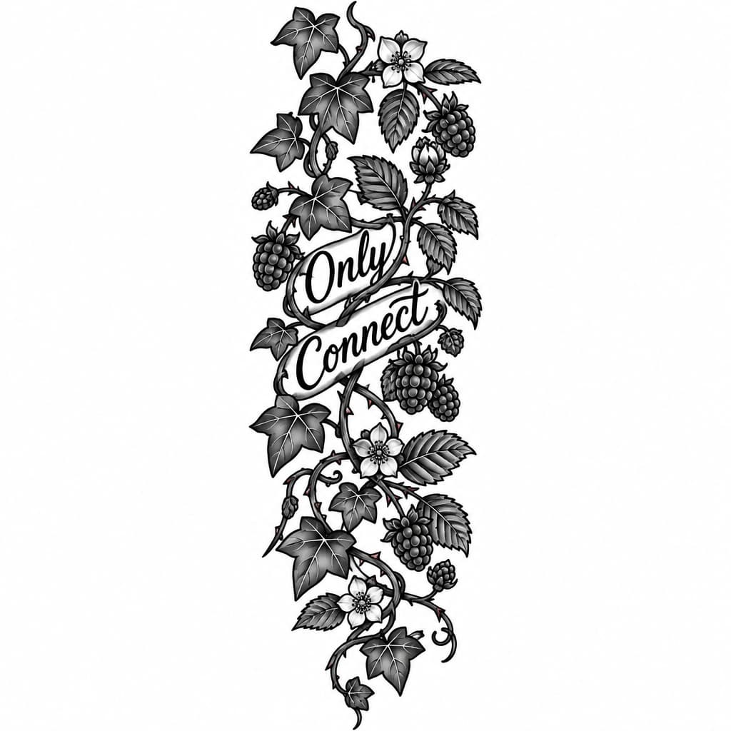 A fine line bicep tattoo of English ivy and raspberry brambles with the words "Only Connect" woven through the vines/brambles in a natural way. I'd like it to be more vertical (from shoulder area to elbow) and wrapping around the arm with more integration of the vines and brambles and flowers and fruit on the raspberry vines