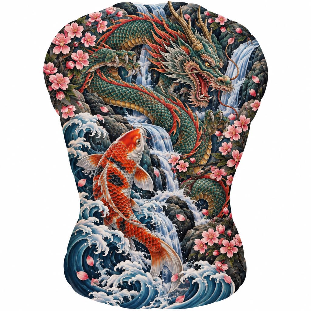 Original full-back Japanese tattoo: koi upstream, coiling dragon amid cascading waterfalls, waves & blossoms, bold lines, vibrant colors