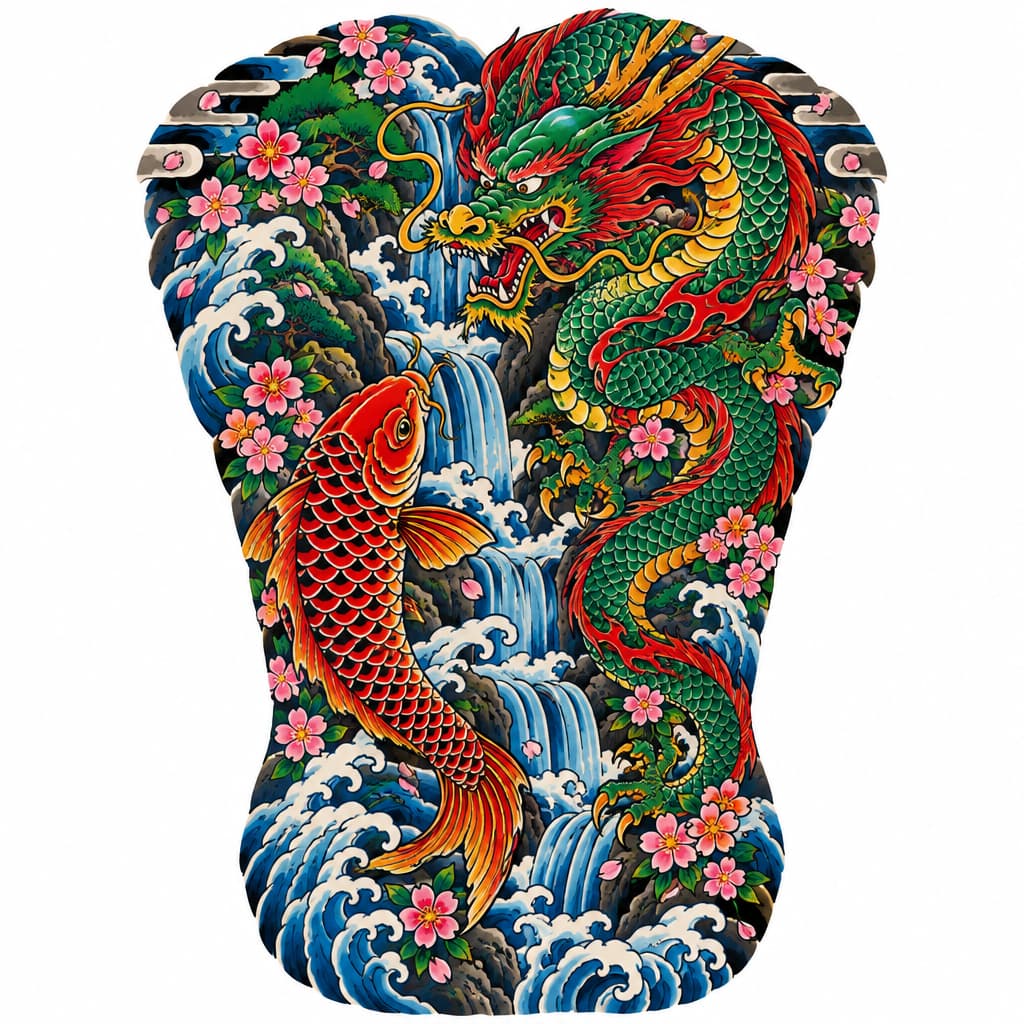 Original full-back Japanese tattoo: koi upstream, coiling dragon amid cascading waterfalls, waves & blossoms, bold lines, vibrant colors