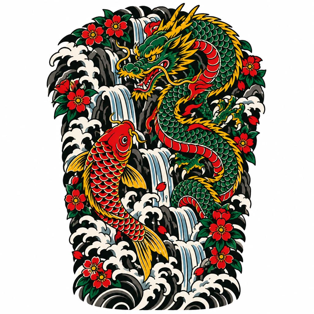 Original full-back Japanese tattoo: koi upstream, coiling dragon amid cascading waterfalls, waves & blossoms, bold lines, vibrant colors