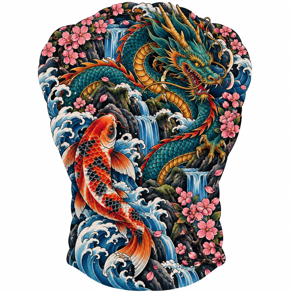 Original full-back Japanese tattoo: koi upstream, coiling dragon amid cascading waterfalls, waves & blossoms, bold lines, vibrant colors
