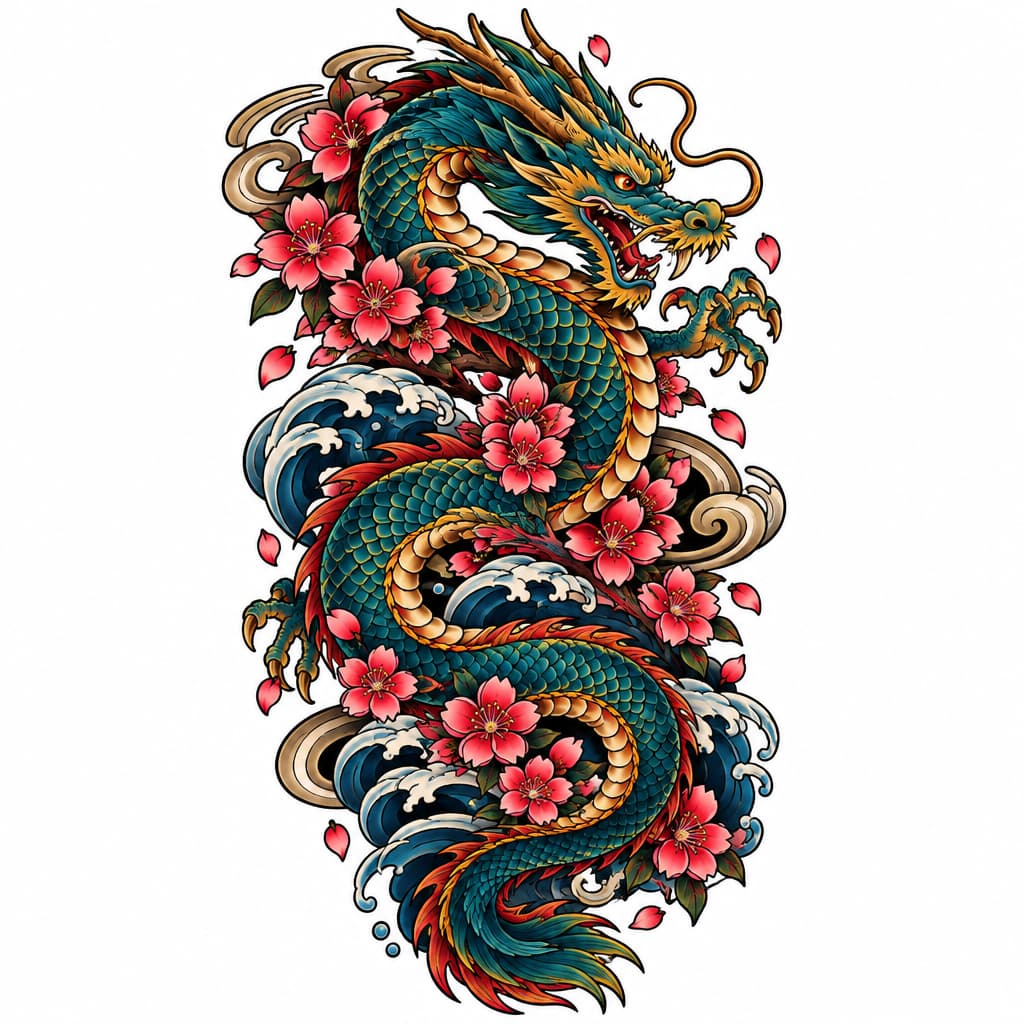 Irezumi-style Japanese dragon entwined with cherry blossoms, S-curve, bold black outlines, detailed scales, red-pink flowers, wind & wave motifs