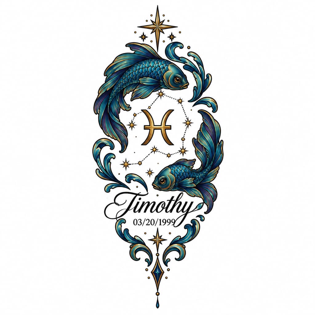 Fine-line tattoo: Timothy in elegant script; Pisces glyph & constellation; 03/20/1999 in small serif; blackwork, delicate dots; wrist/forearm.