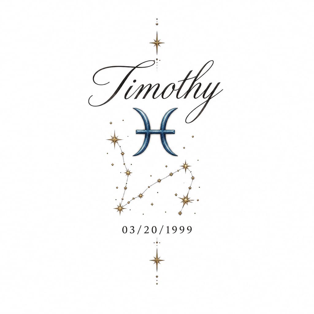 Fine-line tattoo: Timothy in elegant script; Pisces glyph & constellation; 03/20/1999 in small serif; blackwork, delicate dots; wrist/forearm.