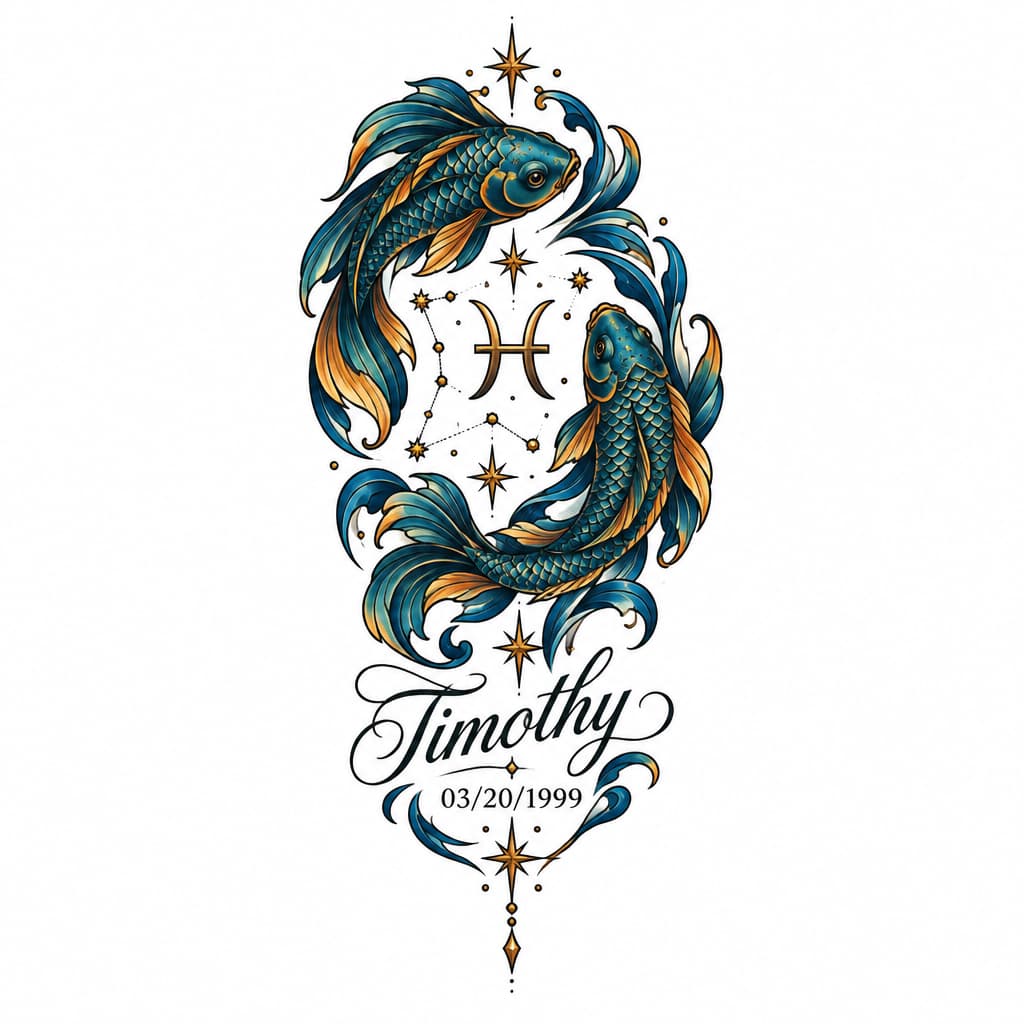 Fine-line tattoo: Timothy in elegant script; Pisces glyph & constellation; 03/20/1999 in small serif; blackwork, delicate dots; wrist/forearm.