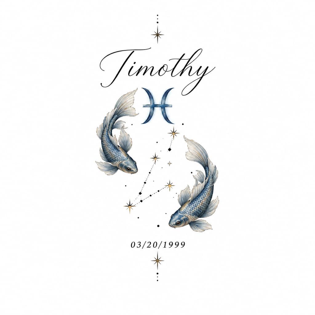 Fine-line tattoo: Timothy in elegant script; Pisces glyph & constellation; 03/20/1999 in small serif; blackwork, delicate dots; wrist/forearm.