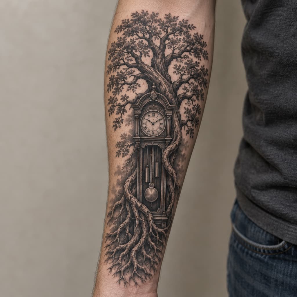 forearm tattoo of tree of life with a grandfather clock