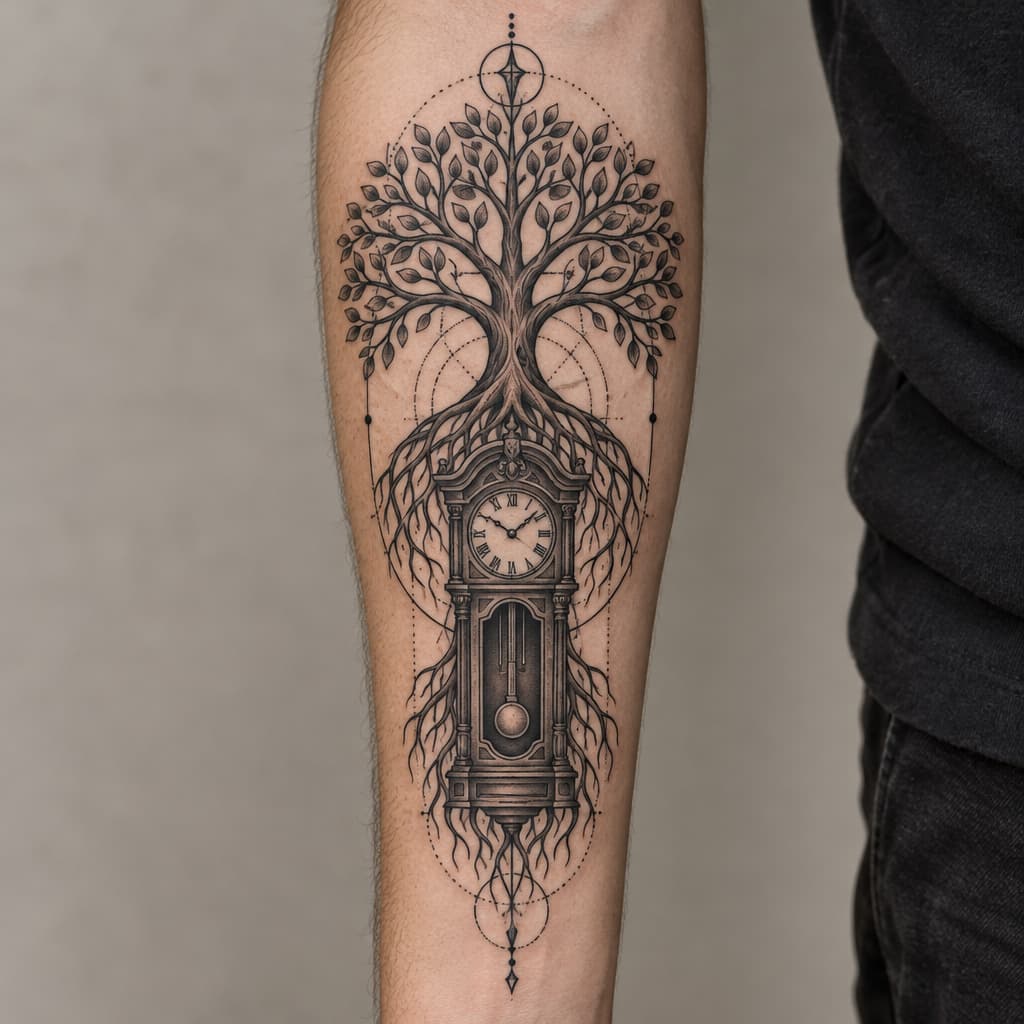forearm tattoo of tree of life with a grandfather clock