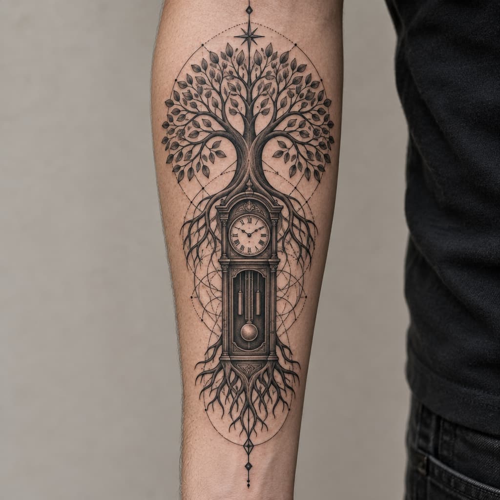 forearm tattoo of tree of life with a grandfather clock