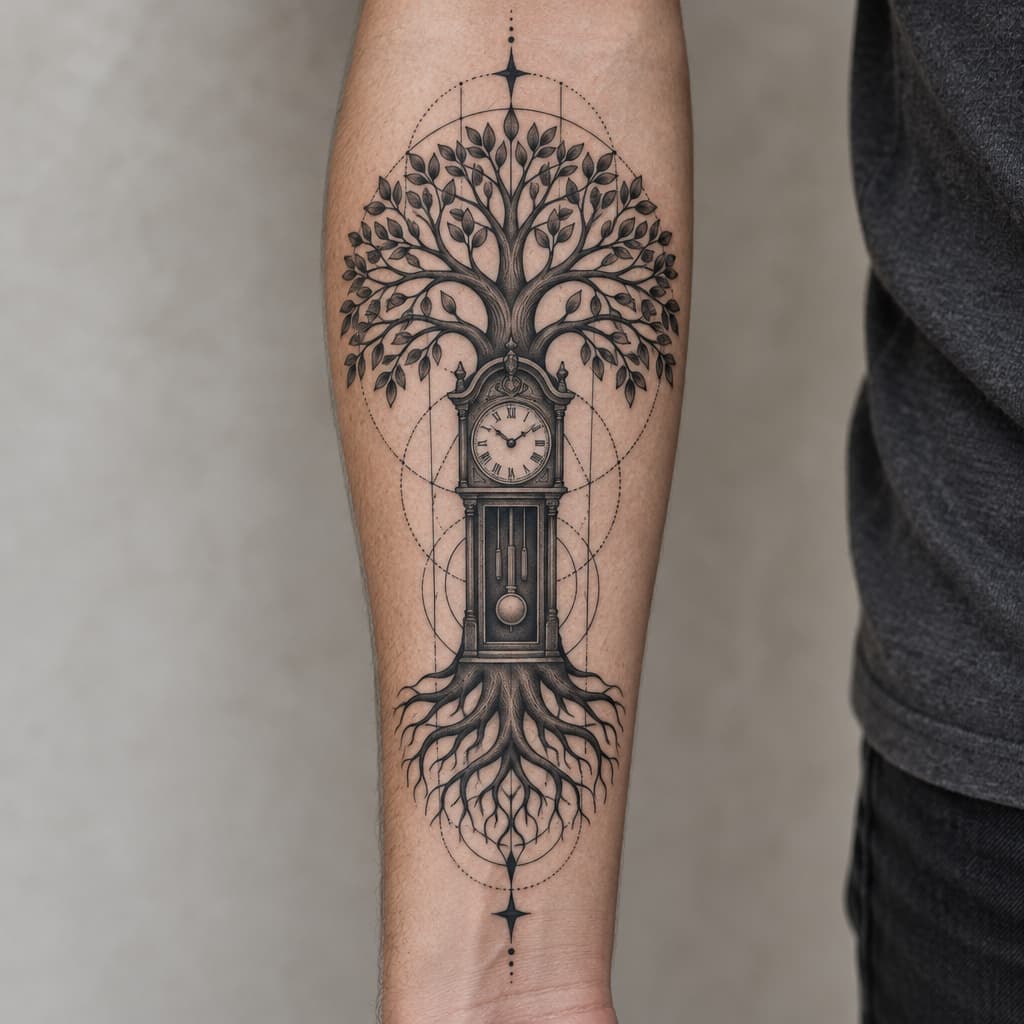 forearm tattoo of tree of life with a grandfather clock