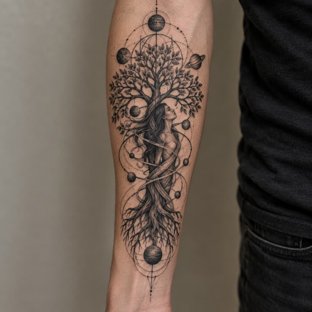 geo metric forearm tattoo of a tree of life with a girl weaved through stock with planets and lines