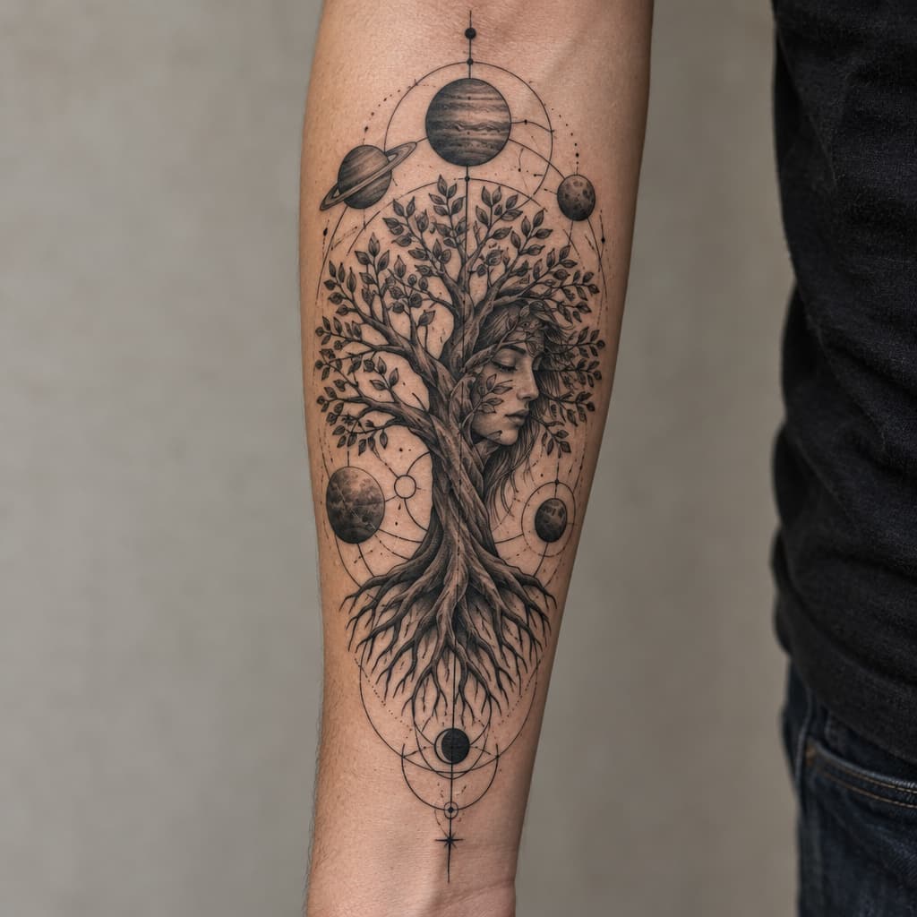geo metric forearm tattoo of a tree of life with a girl hiden through stock with planets and lines