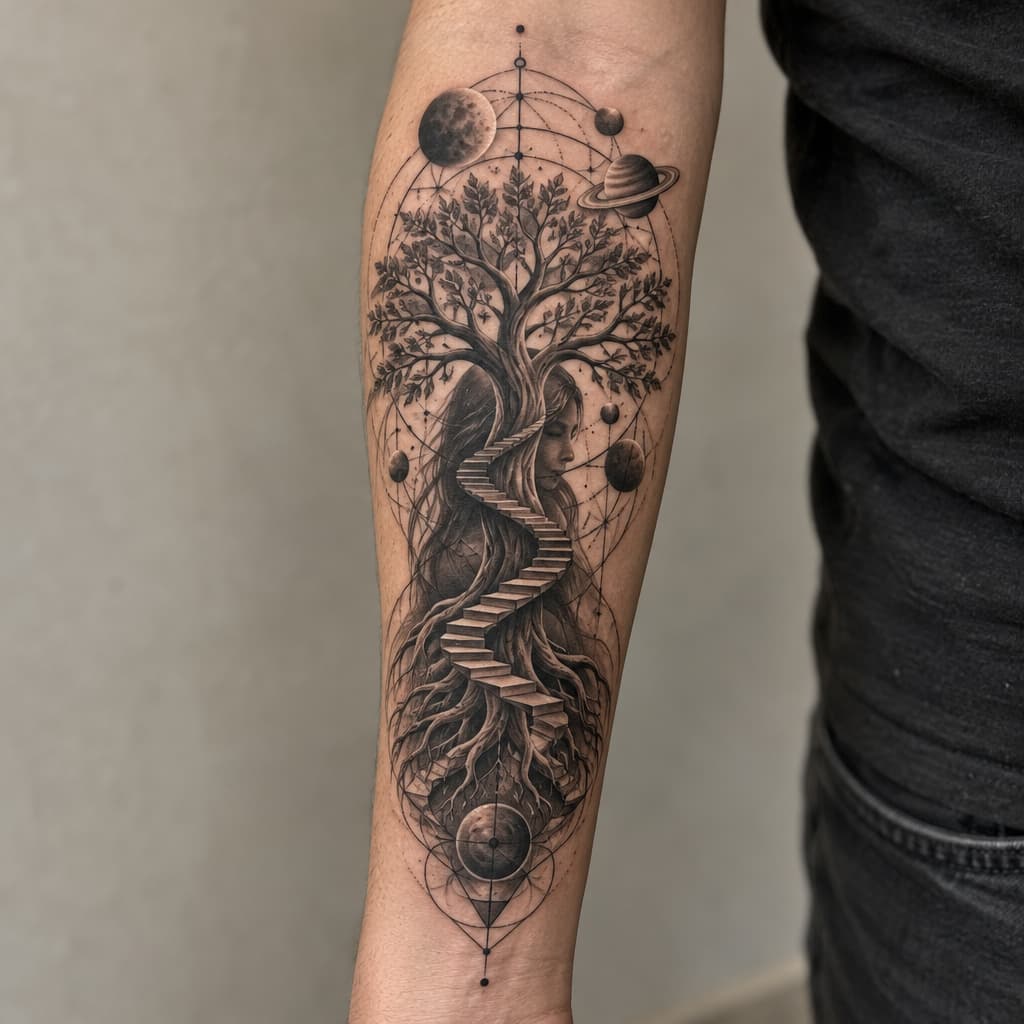 geo metric forearm tattoo of a tree of life with steeps going up tree and girl barley visiable through stock with planets and lines