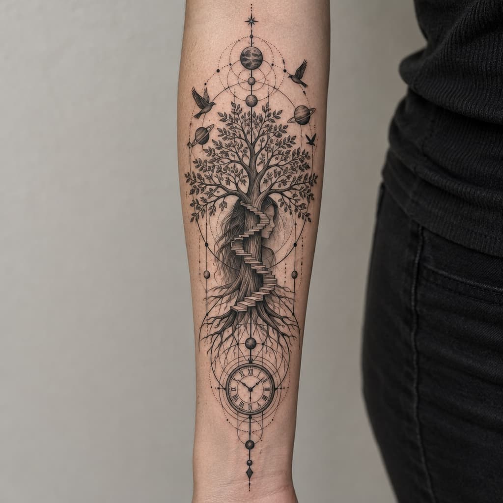 geo metric forearm tattoo of a tree of life with steeps going up tree and the stock resembling a girl barley visible through stock with planets and birds and lines and clock at bottom of lines