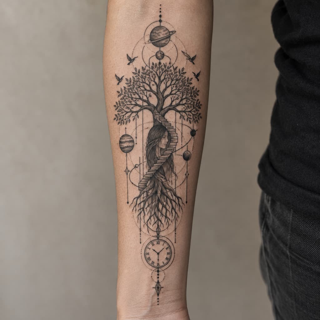 geo metric forearm tattoo of a tree of life with steeps going up tree and the stock resembling a girl barley visible through stock with planets and birds and lines and clock at bottom of lines