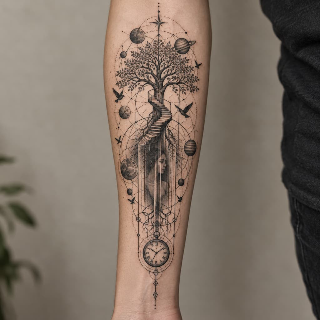 geo metric forearm tattoo of a tree of life with steeps going up tree and the stock resembling a girl barley visible through stock with planets and birds and lines and clock at bottom of lines
