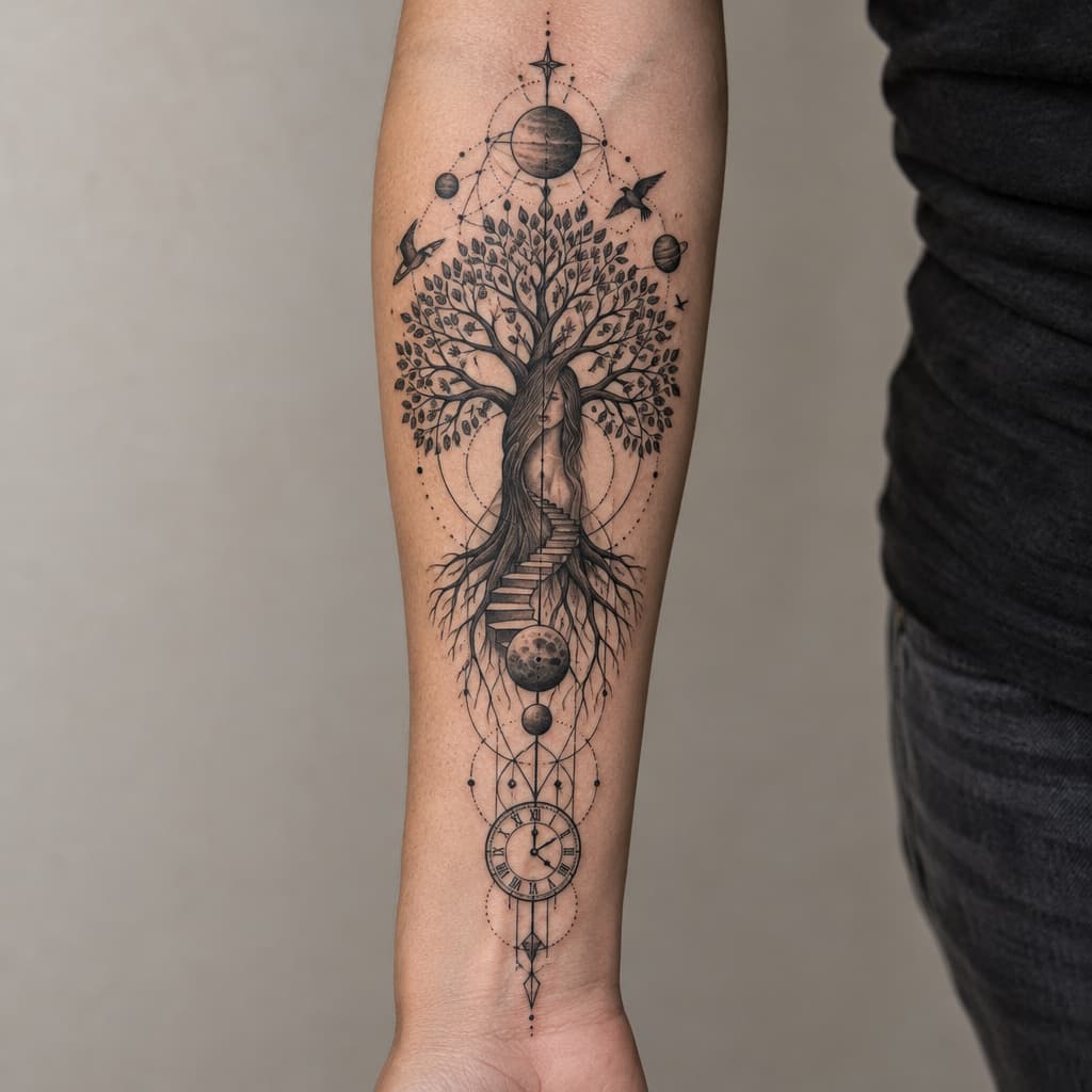 geo metric forearm tattoo of a tree of life with steeps going up tree and the stock resembling a girl barley visible through stock with planets and birds and lines and clock at bottom of lines