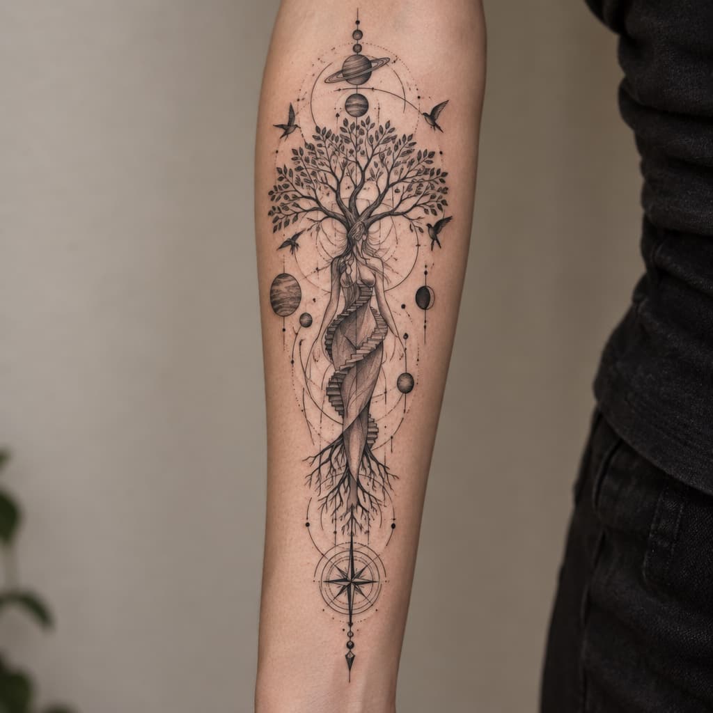 geo metric forearm tattoo of a tree of life with steeps going up tree and the stock resembling a girl body barley visible through stock with planets and birds and lines and compass at bottom of lines