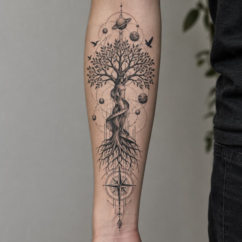 geo metric forearm tattoo of a tree of life with steeps going up tree and the stock resembling a girl body barley visible through stock with planets and birds and lines and compass at bottom of lines