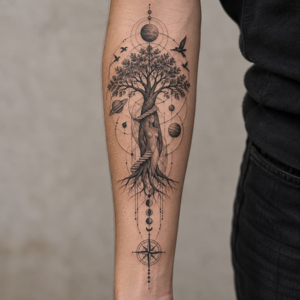 geo metric forearm tattoo of a tree of life with steeps going up tree and the stock resembling a girl body barley visible through stock with planets and birds and lines and compass at bottom of lines