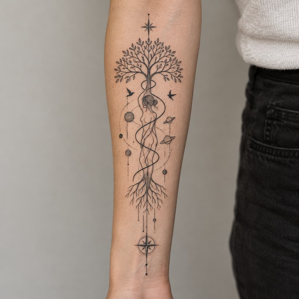 geo metric forearm tattoo of a tree of life with spiral going up tree and the stock resembling a girl body barley visible through stock with planets and birds and lines and compass at bottom of lines