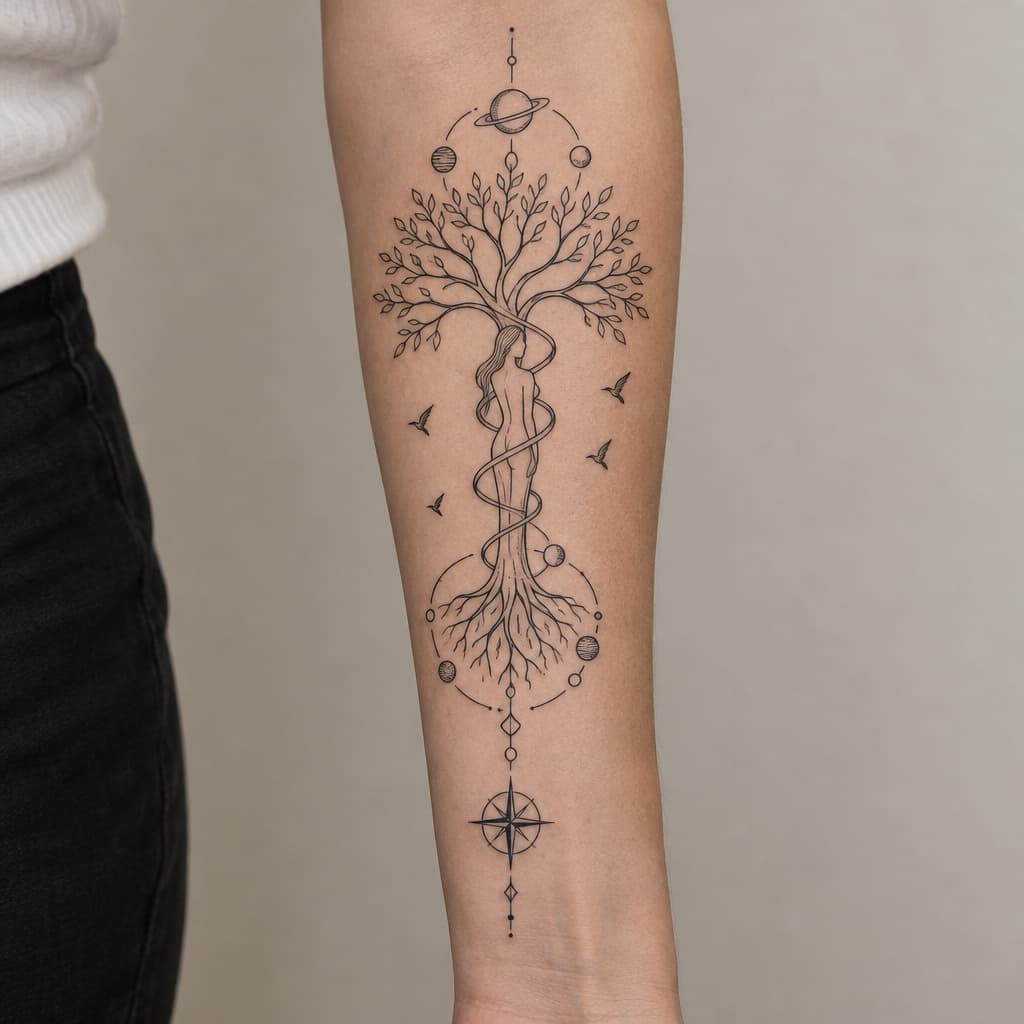 geo metric forearm tattoo of a tree of life with spiral going up tree and the stock resembling a girl body barley visible through stock with planets and birds and lines and compass at bottom of lines