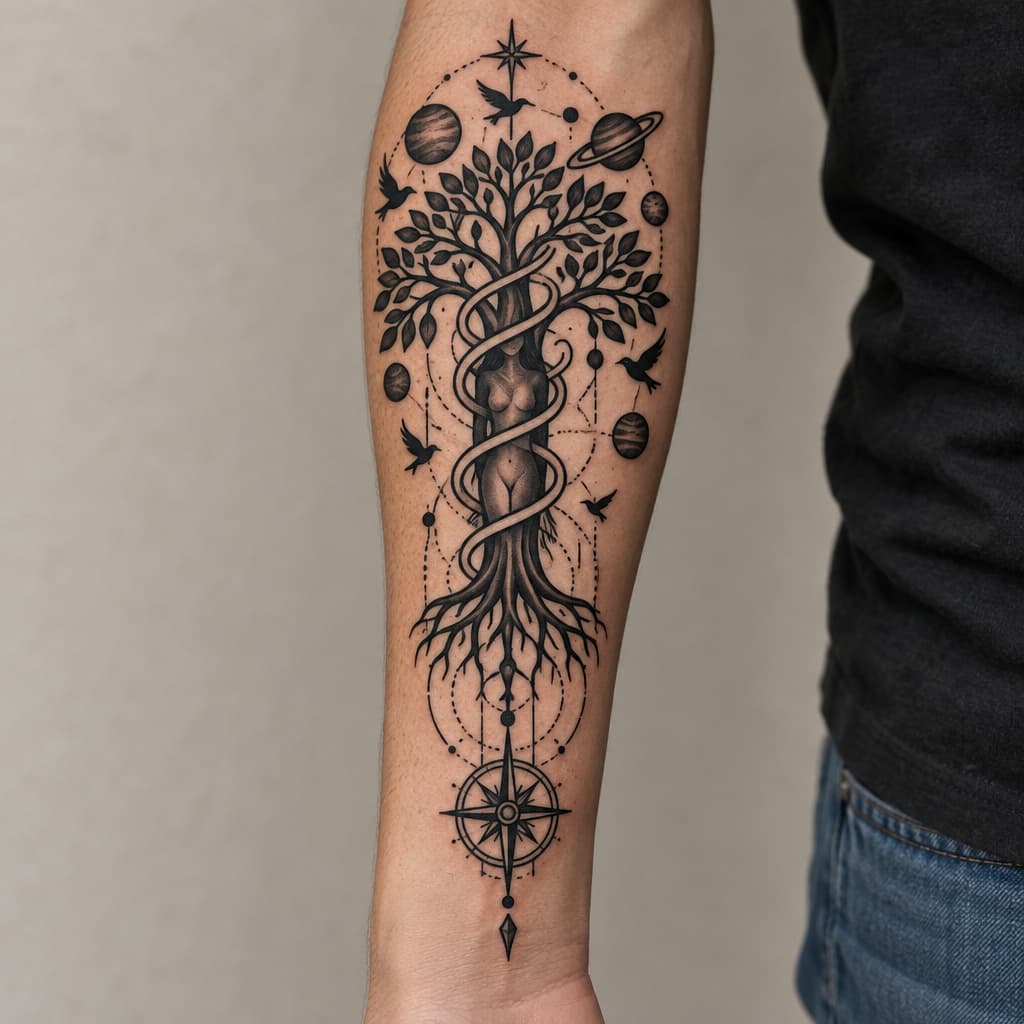 geo metric forearm tattoo of a tree of life with spiral going up tree and the stock resembling a girl body barley visible through stock with planets and birds and lines and compass at bottom of lines