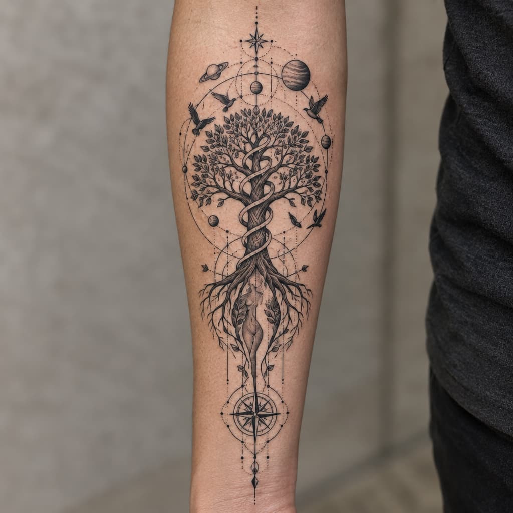 geo metric forearm tattoo of a tree of life with spiral going up tree and the stock resembling mother nature body barley visible through stock with planets and birds and lines and compass at bottom of lines