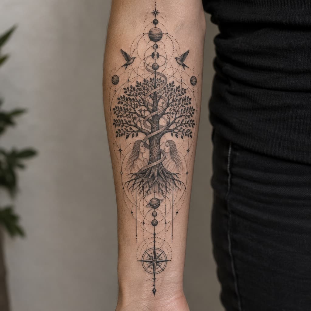 geo metric forearm tattoo of a tree of life with spiral going up tree and the stock resembling mystical women barley visible in stock with planets and birds and lines and compass at bottom of lines