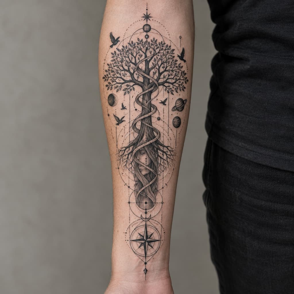 geo metric forearm tattoo of a tree of life with spiral going up tree and the stock resembling mystical women barley visible in stock with planets and birds and lines and compass at bottom of lines