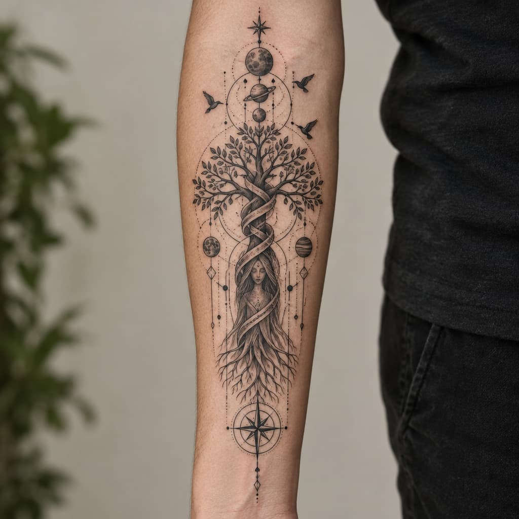 geo metric forearm tattoo of a tree of life with spiral going up tree and the stock resembling mystical women barley visible up stock with planets and birds and lines and compass at bottom of lines
