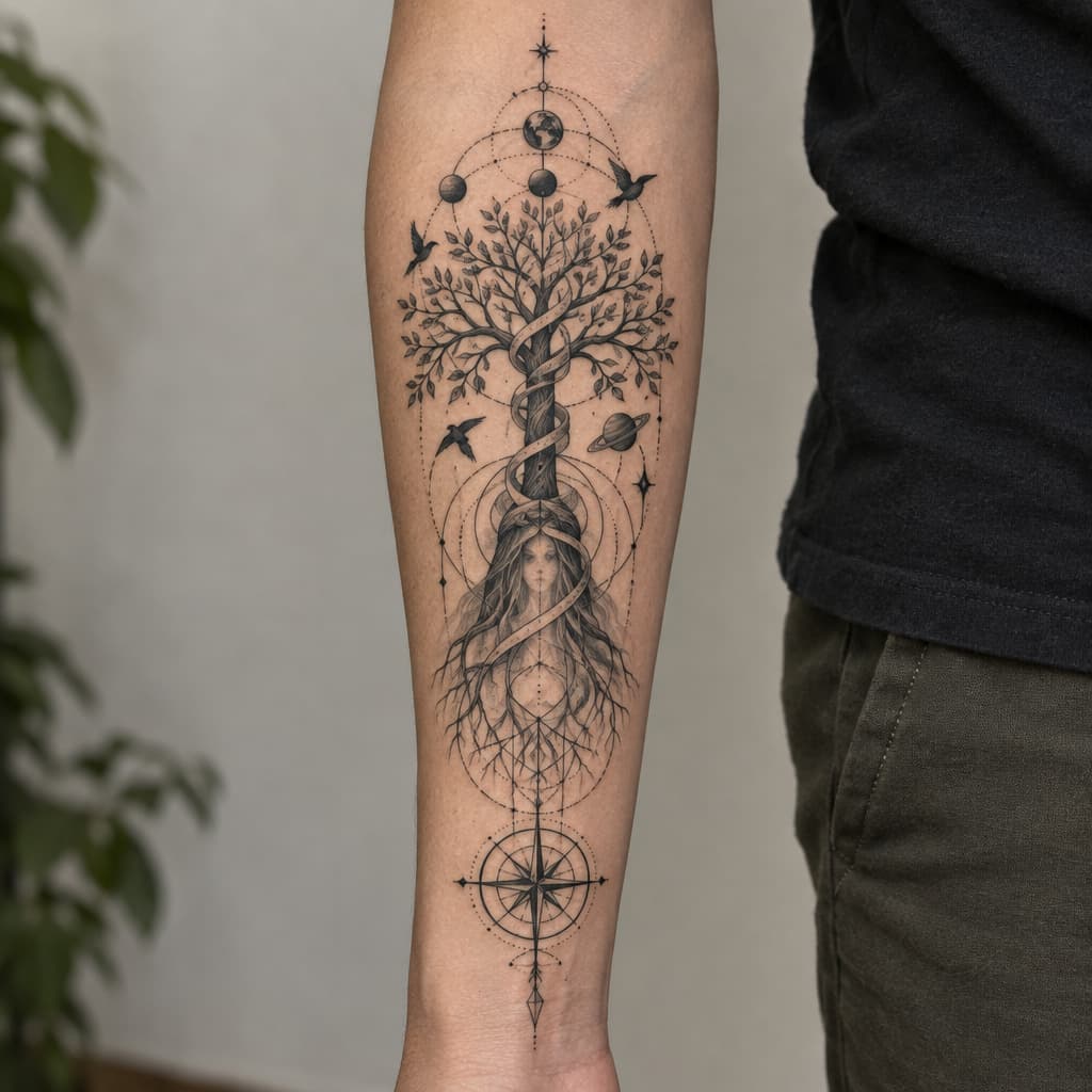 geo metric forearm tattoo of a tree of life with spiral going up tree and the stock resembling mystical women barley visible up stock with planets and birds and lines and compass at bottom of lines
