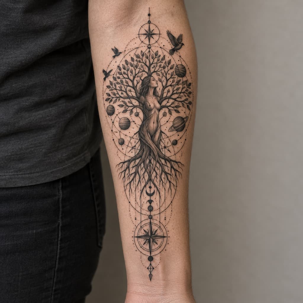 geo metric forearm tattoo of a tree of life with girls body hidden in tree planets and birds and lines and compass at bottom of lines