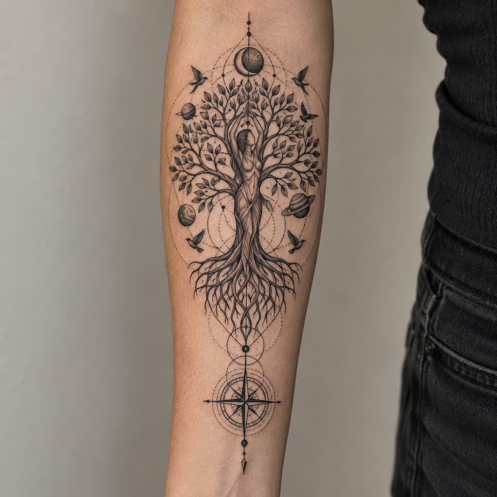 geo metric forearm tattoo of a tree of life with girls body hidden in tree planets and birds and lines and compass at bottom of lines