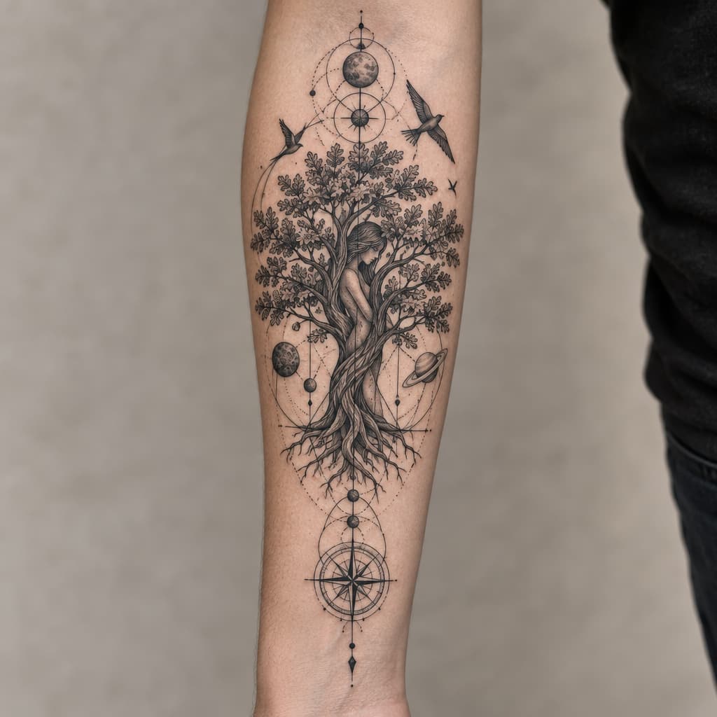geo metric forearm tattoo of oak tree with girls body hidden in tree planets and birds and lines and compass at bottom of lines
