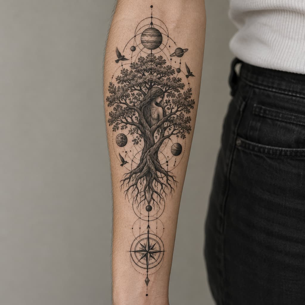 geo metric forearm tattoo of oak tree with girls body hidden in tree planets and birds and lines and compass at bottom of lines
