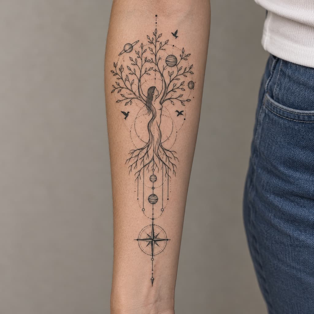 geo metric forearm tattoo of tree of life with girls body hidden in tree planets and birds and lines and compass at bottom of lines