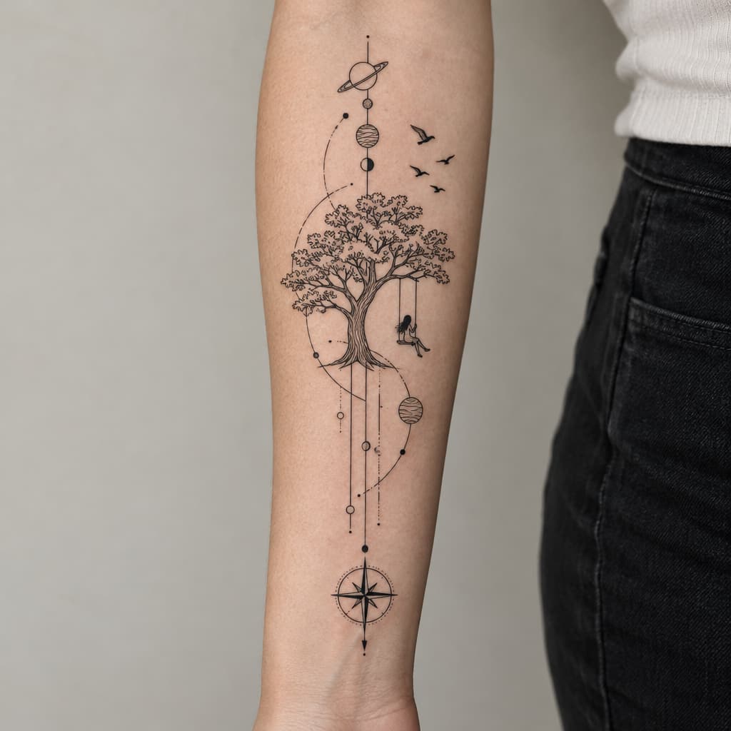 geo metric forearm tattoo of oak tree with girl swinging planets and birds and lines and compass at bottom of lines