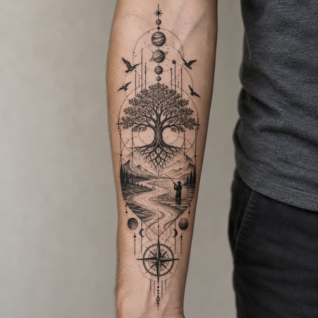 geo metric forearm tattoo of tree of life, river with fly fighing man planets and birds and lines and compass at bottom of lines