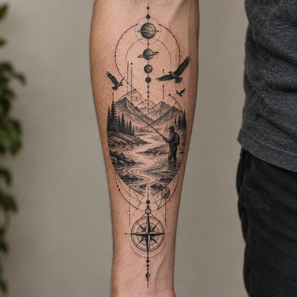 geo metric forearm tattoo of river with fly fighing man planets and birds and lines and compass at bottom of lines