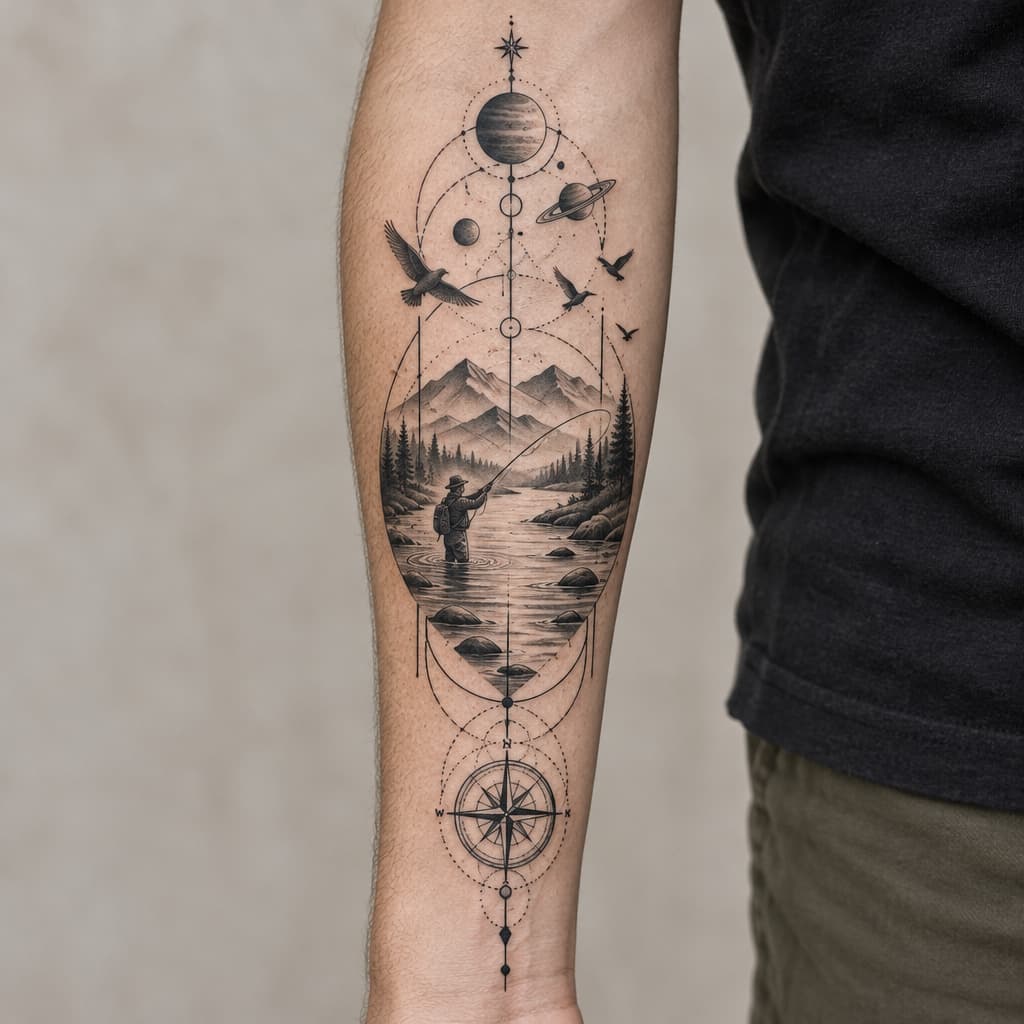 geo metric forearm tattoo of river with fly fighing man planets and birds and lines and compass at bottom of lines