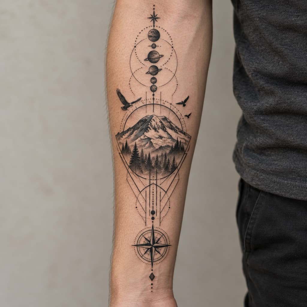 geo metric forearm tattoo hiking mt rainer planets and birds and lines and compass at bottom of lines